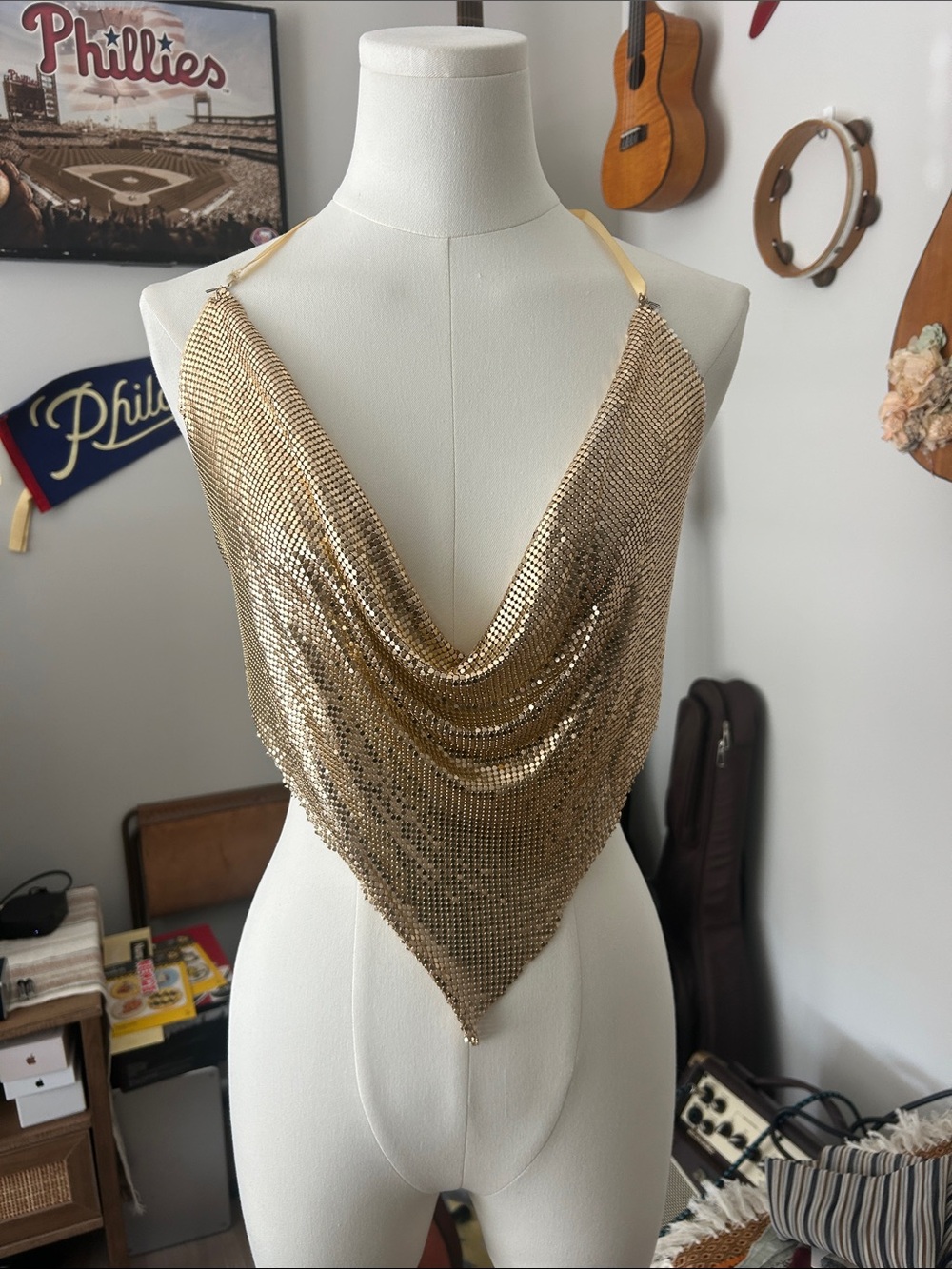 Handmade Gold Halter Chainmail Cowl Top -